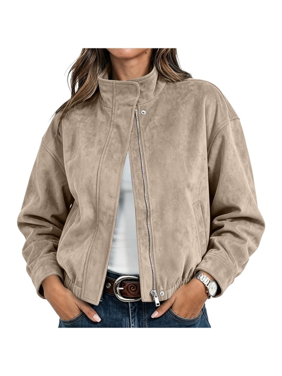Women's Faux Suede Jackets Cropped Zip Up Coats Fall Bomber Jacket