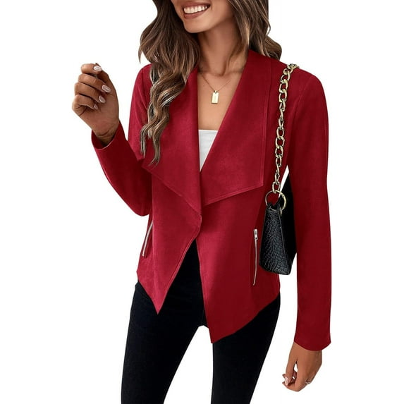 Women's Faux Suede Jackets Fall Clothes Long Sleeve Open Front Cropped Coat Outwear