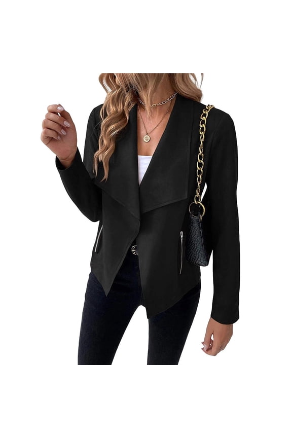 Women's Faux Suede Jackets Fashion Fall Clothes Long Sleeve Open Front Cropped Coat Outwear Black L