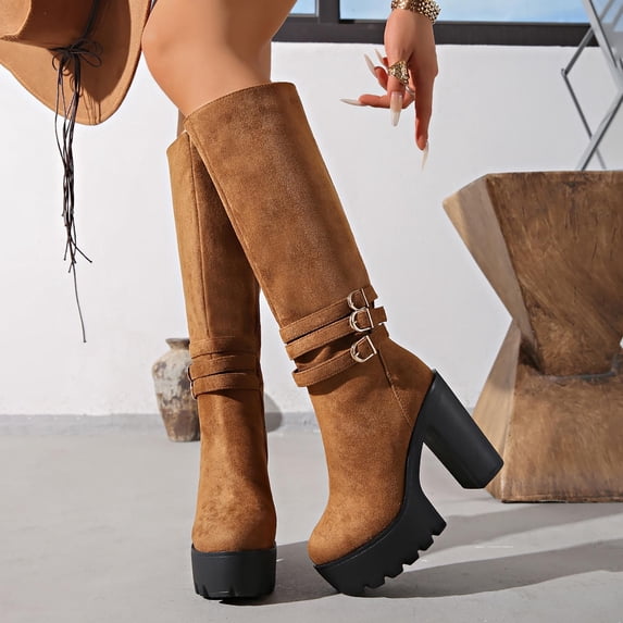 Women's Faux Suede Knee High Platform Boots, Triple Metal Buckle Strap Chunky High Heel Tall Boots, Side Zipper Fashion Boots