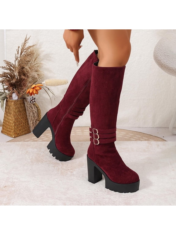 Women's Faux Suede Knee High Platform Boots, Triple Metal Buckle Strap Chunky High Heel Tall Boots, Side Zipper Fashion Boots