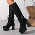 thumbnail image 1 of Women's Faux Suede Knee High Platform Boots, Triple Metal Buckle Strap Chunky High Heel Tall Boots, Side Zipper Fashion Boots, 1 of 9