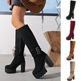 thumbnail image 1 of Women's Faux Suede Knee High Platform Boots, Triple Metal Buckle Strap Chunky High Heel Tall Boots, Side Zipper Fashion Boots, 1 of 9