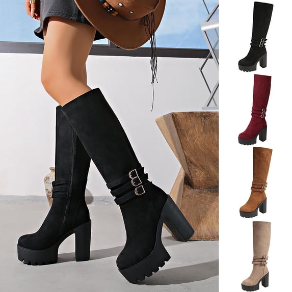 Women's Faux Suede Knee High Platform Boots, Triple Metal Buckle Strap Chunky High Heel Tall Boots, Side Zipper Fashion Boots