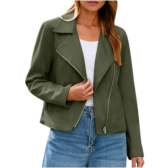Women's Faux Suede Leather Jackets Suede Fall Fashion Asymmetrical Outfits Long Sleeve Collared Cropped Open Front Coat (2XL, Green)