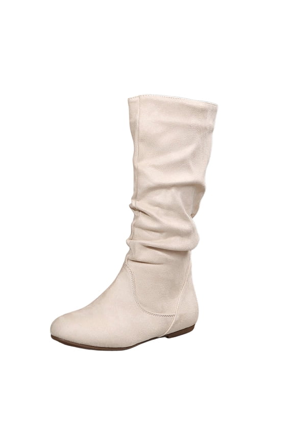 Women's Suede Leather Mid Calf Flats Basic Boots Side Zipper Casual Booties Comfortable Boots for Daily Wear(Color:Beige,Size:8)