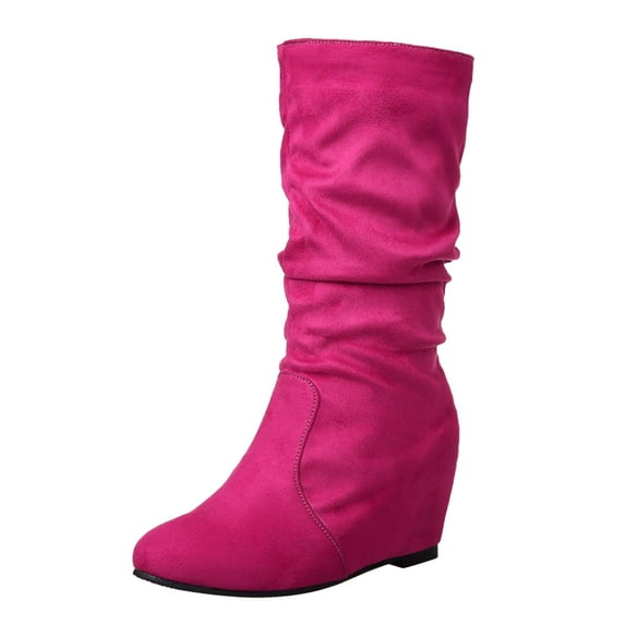 Women's Suede Leather Mid Calf Flats Basic Boots Side Zipper Casual Booties Comfortable Boots for Daily Wear(Color:Hot Pink,Size:8)