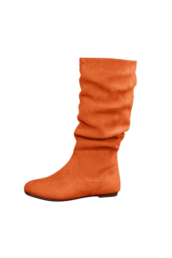 Women's Suede Leather Mid Calf Flats Basic Boots Side Zipper Casual Booties Comfortable Boots for Daily Wear(Color:Orange,Size:7.5)