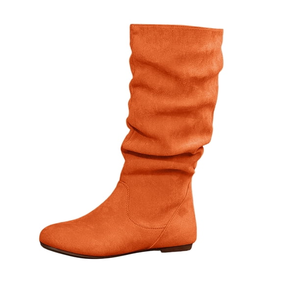 Women's Suede Leather Mid Calf Flats Basic Boots Side Zipper Casual Booties Comfortable Boots for Daily Wear(Color:Orange,Size:8.5)