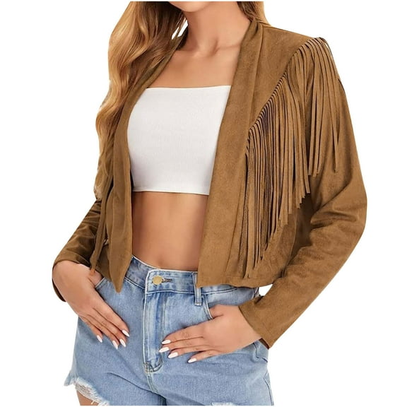 Women's Faux Suede Leather Tassel Jackets With Lining Cropped Fringe Coats For Women 2025 Fall Brown XL