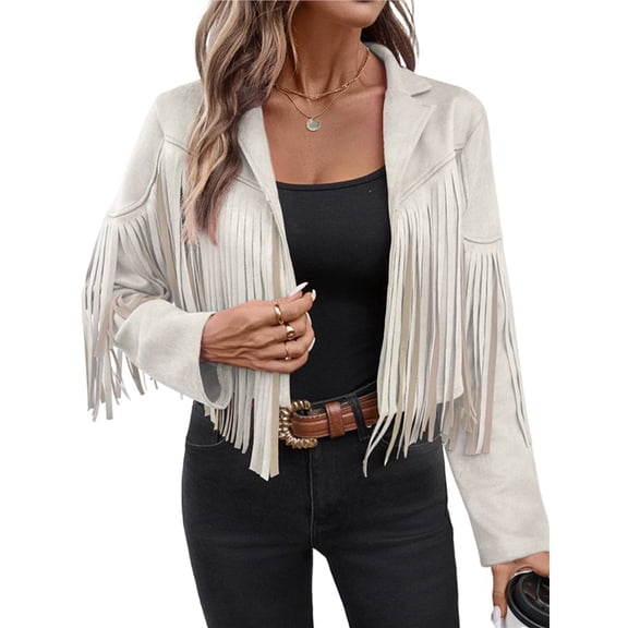 Women's Faux Suede Leather Tassel Jackets with Lining Cropped Fringe Coats Fall Fashion Must Haves Beige M