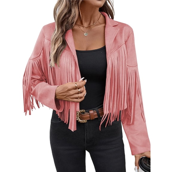 Women's Faux Suede Leather Tassel Jackets with Lining Cropped Fringe Coats for Women 2025 Fall Fashion Must Haves Pink L
