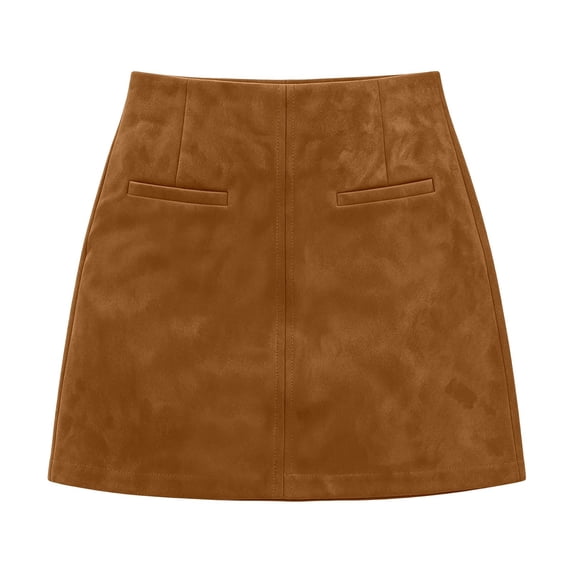 Women's Faux Suede Mini Skirt Slim Fit High Waist Split Hem Zipper A‑Line Casual Short Skirts For Fall Winter 5-Khaki,L