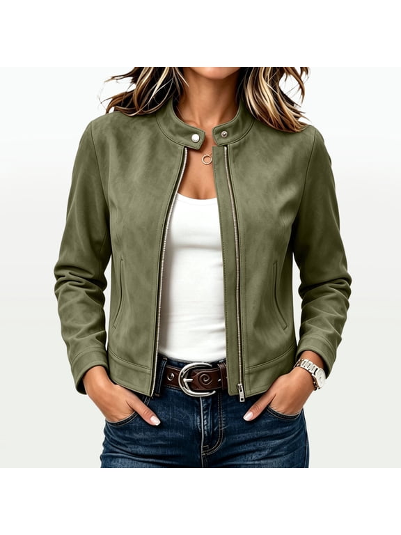 Women's Faux Suede Moto Jackets Slim Fit Long Sleeve Zip Up Biker Coat with Stand Collar Casual Fall Winter Fashion Outerwear Trendy Streetwear Cropped Top