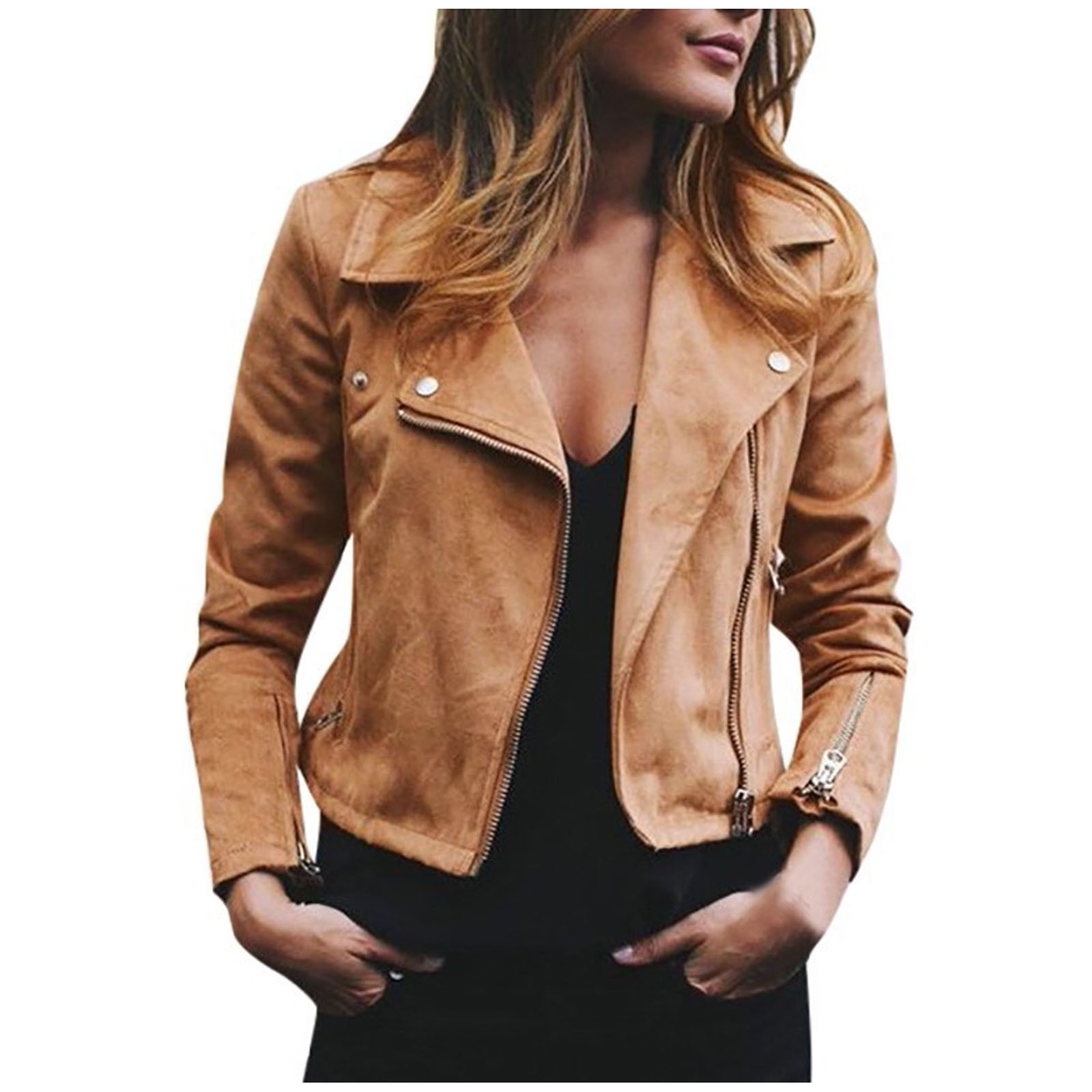 Women's Faux Suede Motorcycle Jacket Short Slim Coat Long Sleeve Zip Up Moto Biker Jackets Coat Outwear - image 1 of 6