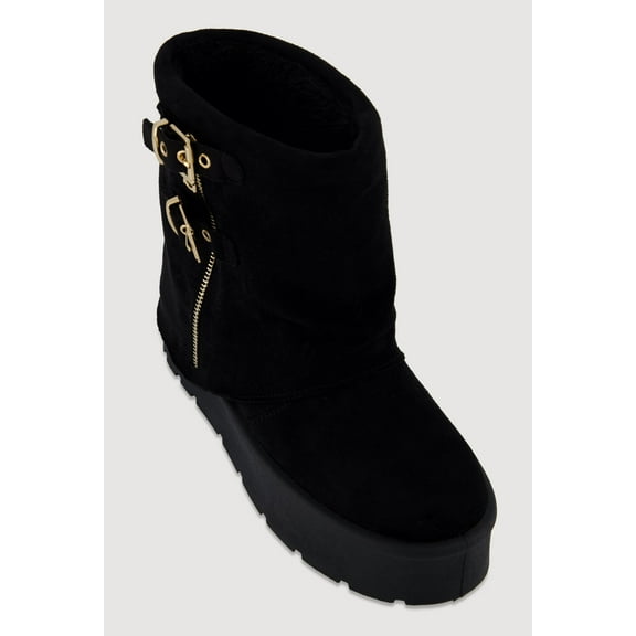 Women's Faux Suede Platform Ankle Boots with Buckles and Zip Detail
