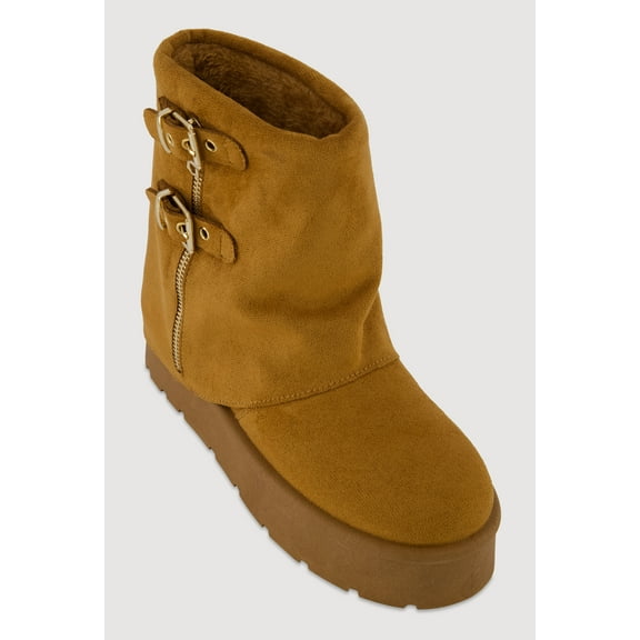 Women's Faux Suede Platform Ankle Boots with Buckles and Zip Detail