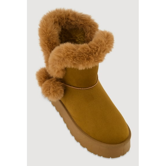 Women's Faux Suede Platform Booties with Faux Fur Pom Poms