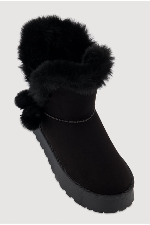 Women's Faux Suede Platform Booties with Faux Fur Pom Poms