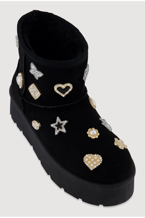 Women's Faux Suede Platform Booties with Rhinestone Charms