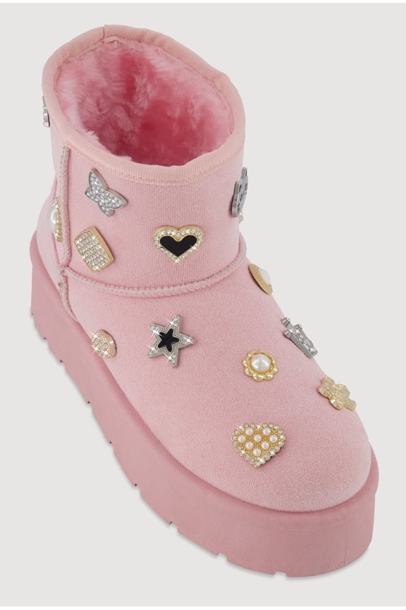 Women's Faux Suede Platform Booties with Rhinestone Charms