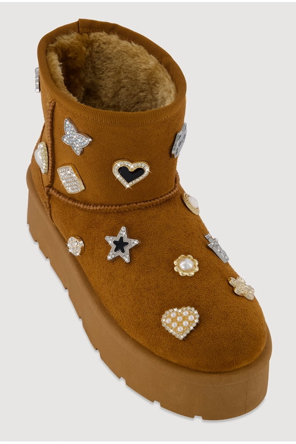 Women's Faux Suede Platform Booties with Rhinestone Charms