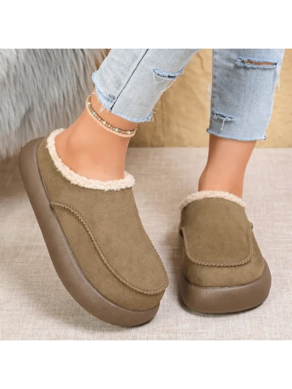 Women's Faux Suede Platform Mule Shoes, Sherpa Lined Slip On Winter Clogs, Hand Stitching Warm Indoor Outdoor Slippers