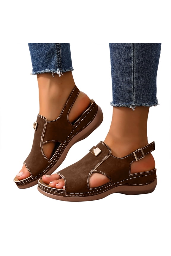 Women's Faux Suede Sandals with Arch Support Open Toe Sling Back Breach Sandal Casual Non Slip Walking Shoes Brown Size 7