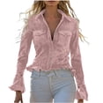 thumbnail image 1 of Women's Faux Suede Shirts Vintage Western Button Up Lapel Blouse Long Sleeve Ruffle Hem Dressy Casual Top with Chest Pocket, 1 of 6