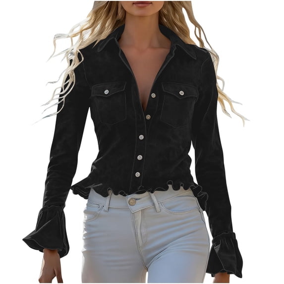 Women's Faux Suede Shirts Vintage Western Button Up Lapel Blouse Long Sleeve Ruffle Hem Dressy Casual Top with Chest Pocket