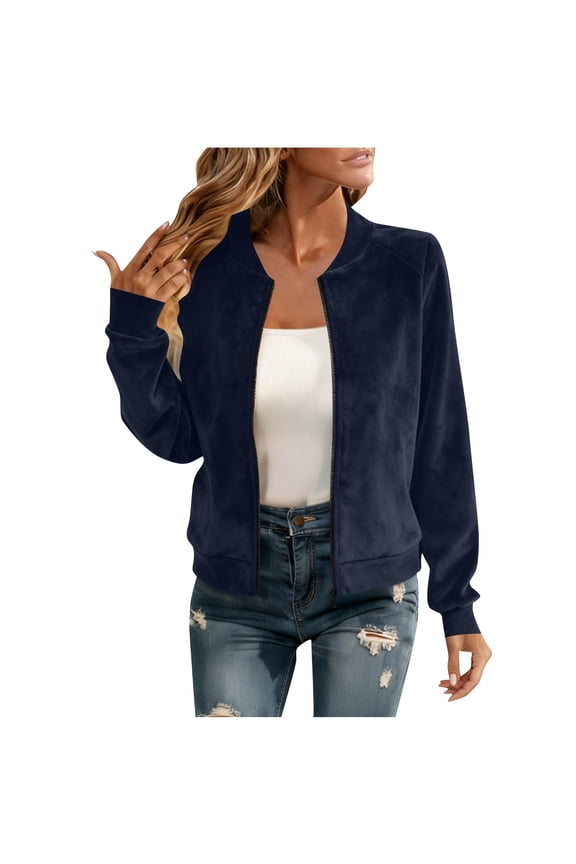 Women's Faux Suede Short Bomber Jacket Coat Stand Collar Lightweight Zip Up Fashion Outerwear Tops