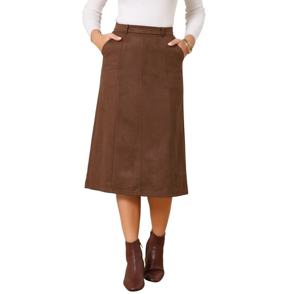 INSPIRE CHIC Women's Faux Suede Skirt High Waist A-Line Midi Casual Skirt L Coffee