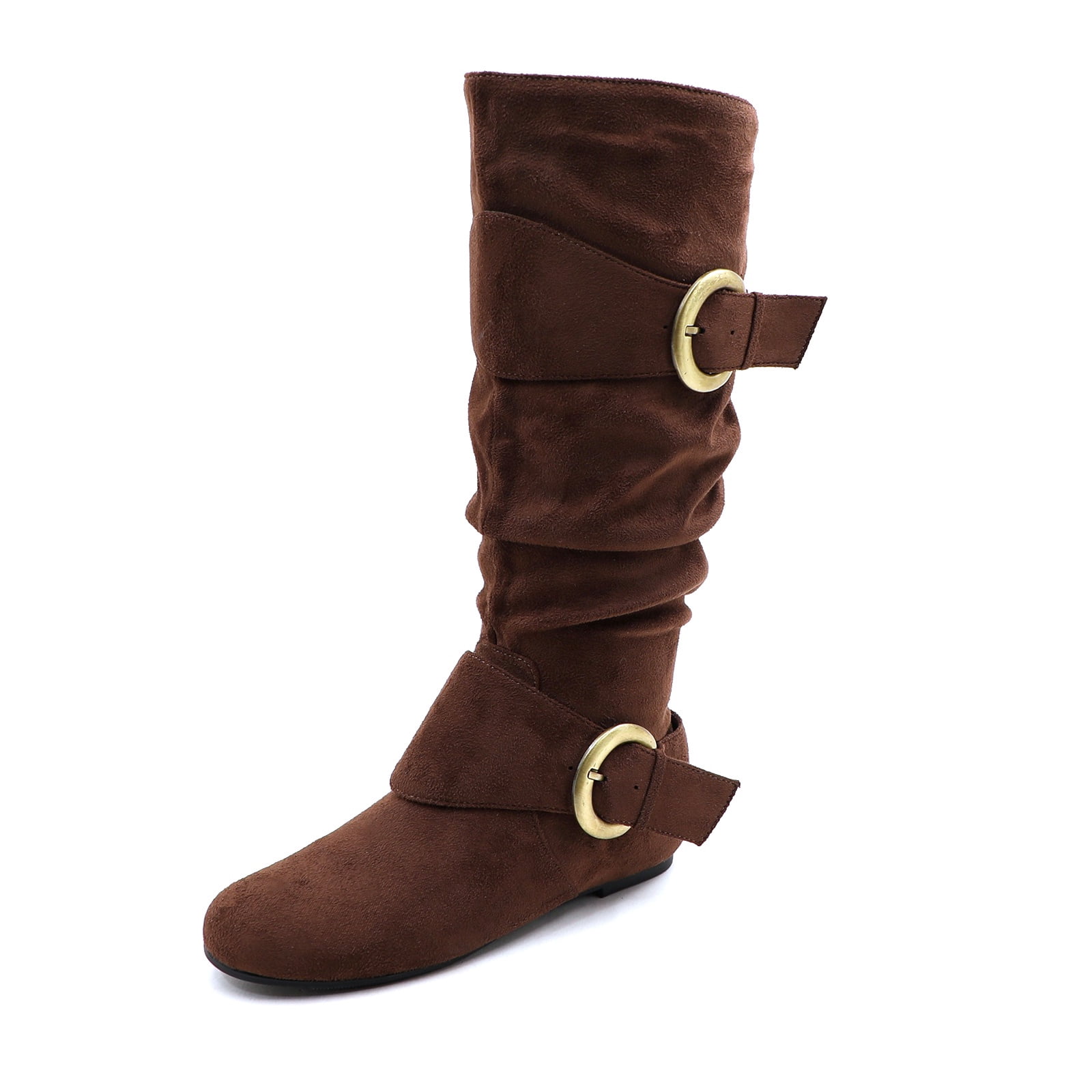 Women's Faux Suede Slouchy Mid-Calf High Boot Double Buckle Detail With ...