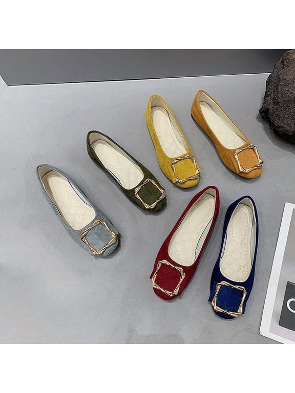 Women's Faux Suede Square Buckle Flats, Plus Size Comfortable Slip On Casual Work Shoes, Candy Color Lightweight Loafers for Daily Wear Office Shopping