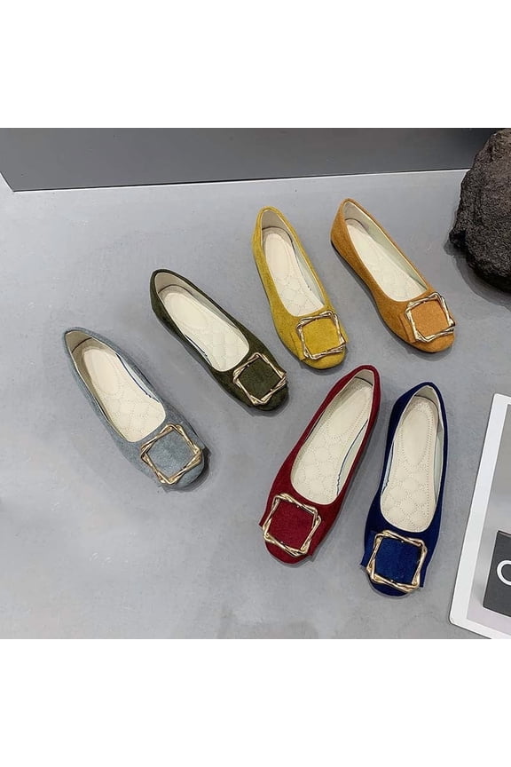 Women's Faux Suede Square Buckle Flats, Plus Size Comfortable Slip On Casual Work Shoes, Candy Color Lightweight Loafers for Daily Wear Office Shopping