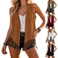 thumbnail image 1 of Women's Faux Suede Vest Open Front Sleeveless Long Fringe Hem Boho Beach Western Cowgirl Style Summer Festival Concert Casual Outwear Cardigan White, 1 of 7
