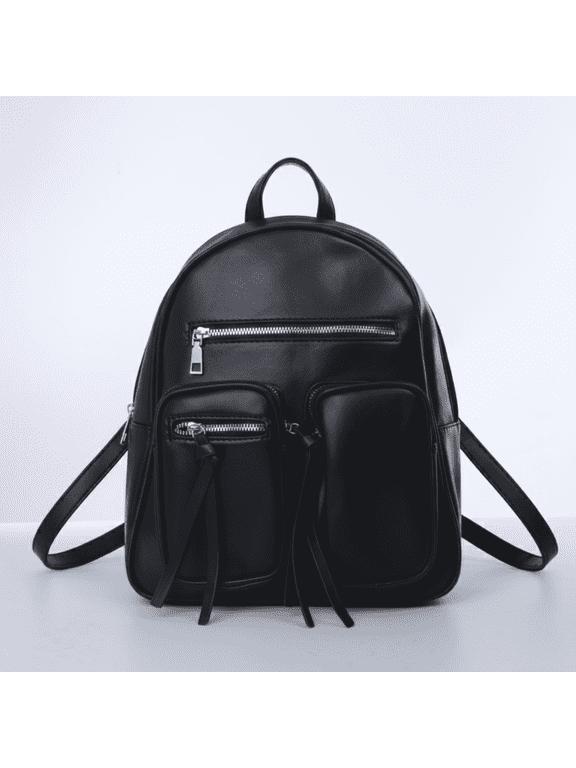 Womens Faux Vegan Leather Multi-Pocket Backpack with Front Zipper Pockets Black