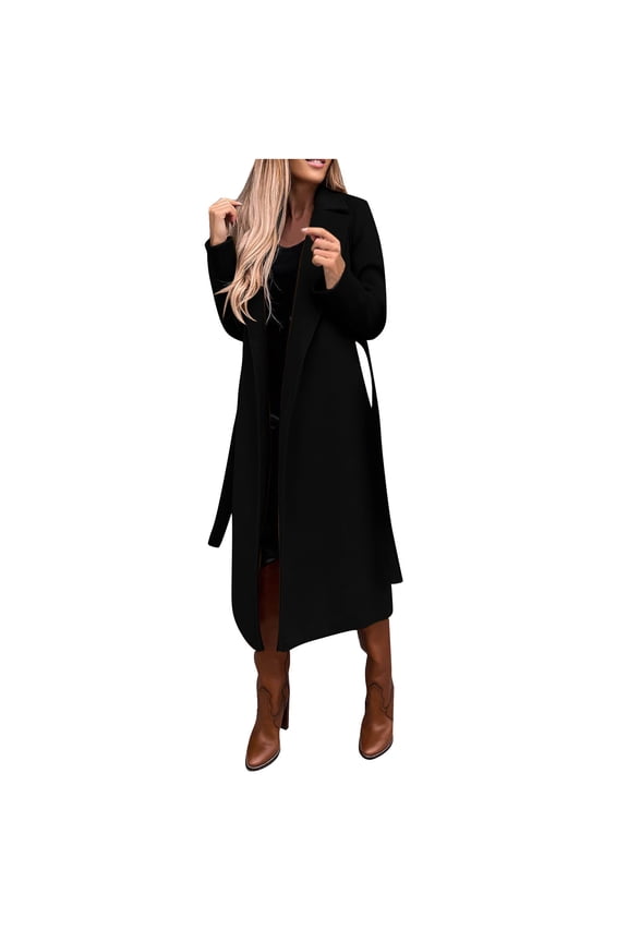 Women's Faux Wool Coat Blouse Thin Coats Trench Long Jacket Ladies Slim Long Belt Black XXL