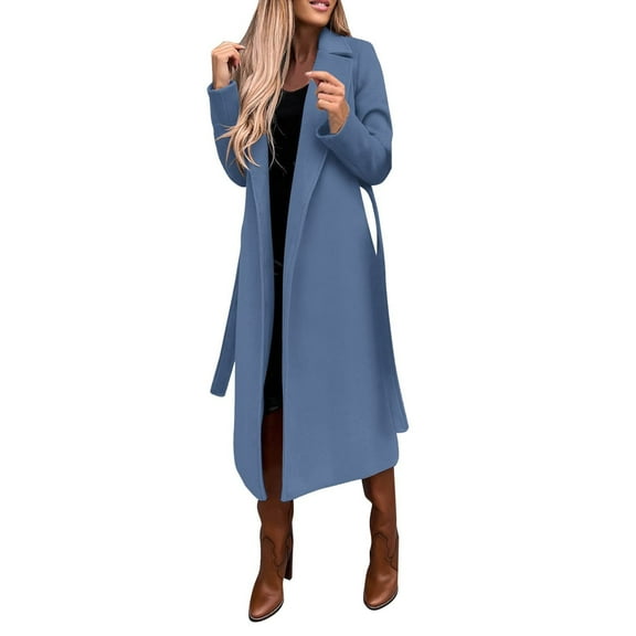 Women's Faux Wool Coat Blouse Thin Coats Trench Long Jacket Ladies Slim Long Belt Blue L