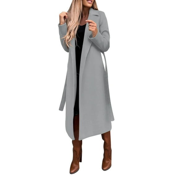 Women's Faux Wool Coat Blouse Thin Coats Trench Long Jacket Ladies Slim Long Belt Gray L