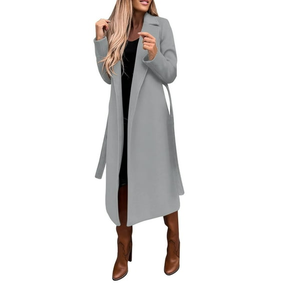 Women's Faux Wool Coat Blouse Thin Coats Trench Long Jacket Ladies Slim Long Belt Gray M