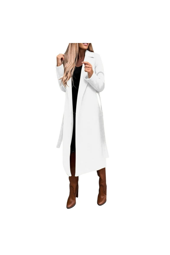 Women's Faux Wool Coat Blouse Thin Coats Trench Long Jacket Ladies Slim Long Belt White S