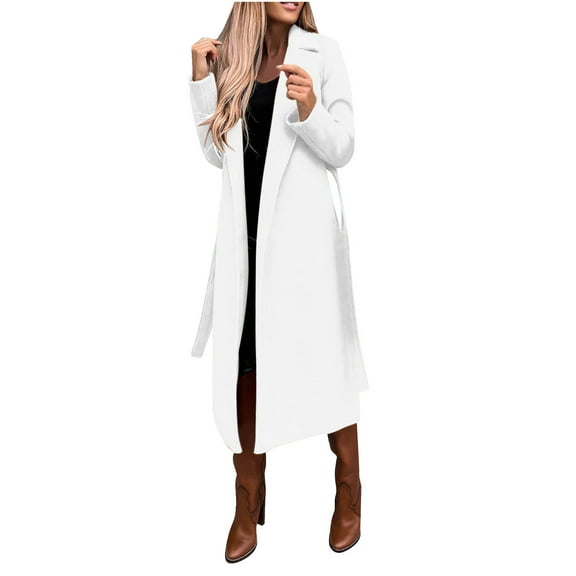 Women's Faux Wool Coat Blouse Thin Coats Trench Long Jacket Ladies Slim Long Belt White XL