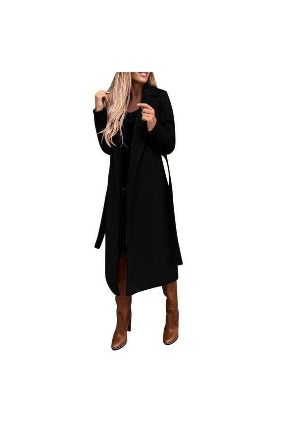 Women's Faux Wool Coat Dressy Thin Coats Trench Long Jacket Ladies Slim Long Belt for Women Ring Master Jacket