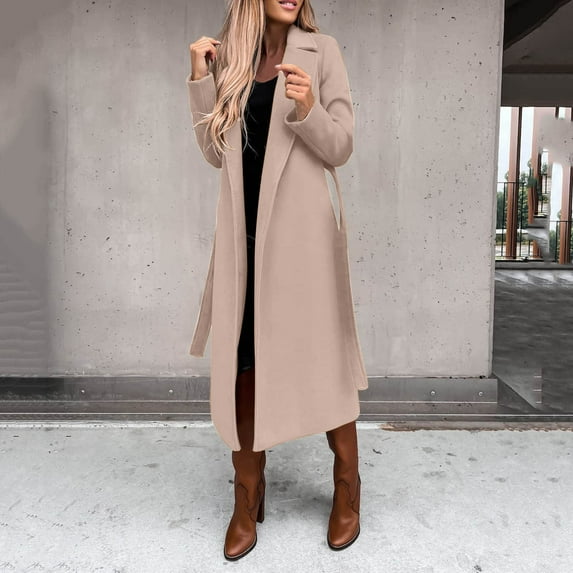 Women's Faux Wool Trench Coat Windproof Classic Ladies Lapel Winter Wool Blend Pea Coat Slim Fit Belted Long Jackets
