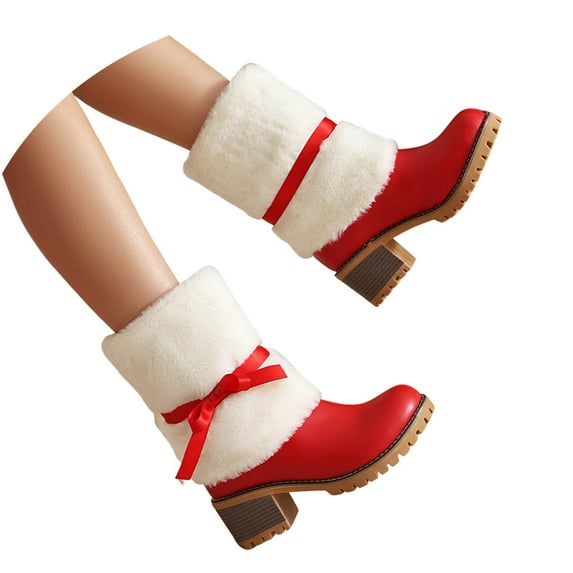 Women's Boot Furry Fluffy Short Snow Boot Mid-Calf Boots Warm Comfortable Outdoor -heel Shoes,Color:Red,Size:6