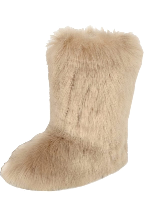 Women's Faux fur Boot Furry Fluffy Short Snow Boot Mid-Calf Boots Warm Comfortable Outdoor Flat Shoes