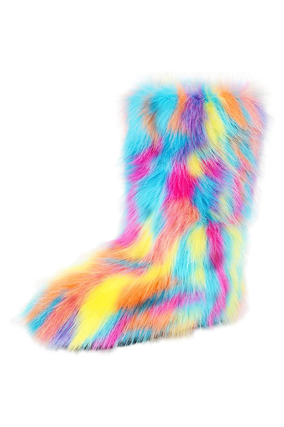 Women's Faux fur Boot Furry Fluffy Short Snow Boot Mid-Calf Boots Warm Comfortable Outdoor Flat Shoes
