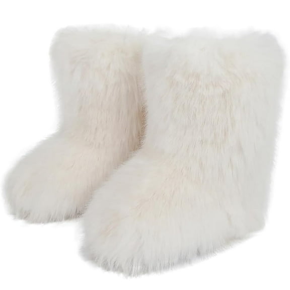 Women's Faux fur Boot Furry Fluffy Short Snow Boot Mid-Calf Boots Warm Comfortable Outdoor Flat Shoes