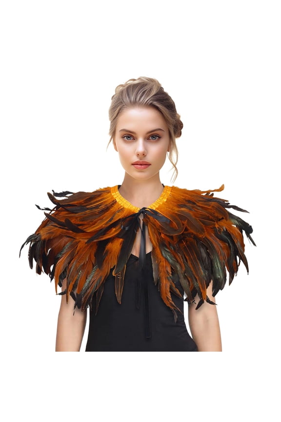 Women's Feather Collar Shawl, Crow Feather Satin Glossy Shawl Wrap for Women, Versatile Carnival Party Costume Accessory, Evening Wear, Fashion Shawl Orange